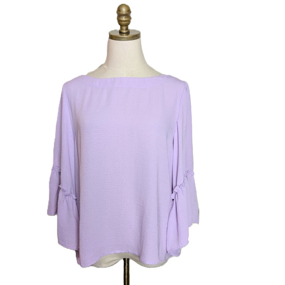 Joseph Ribkoff Lilac Blouse Size 8 Half Ruffle Bell Sleeve Button Accented Back